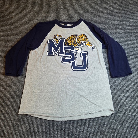 MSU Tigers Tultex Raglan T-Shirt Medium Gray Blue Baseball Tee College Apparel - Picture 2 of 6